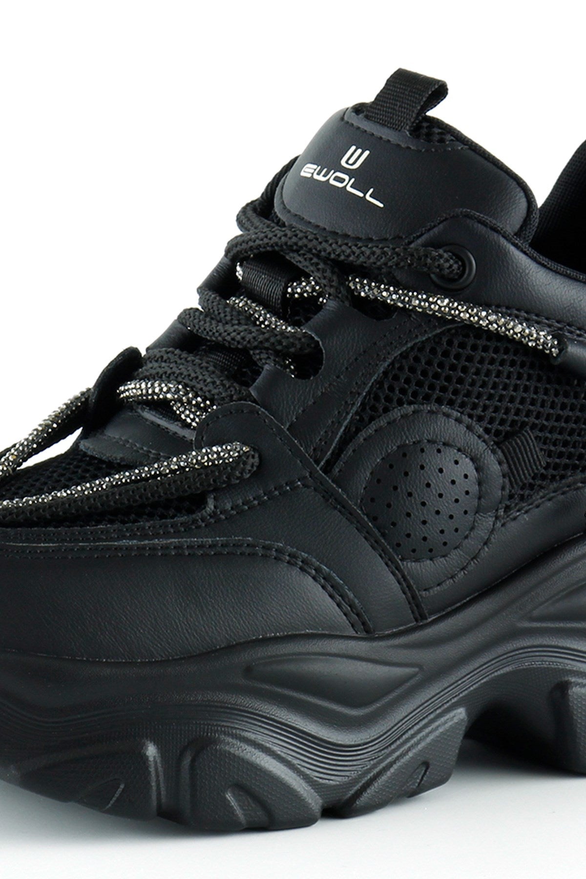 [5038] Siyah Yüksek Taban Spor Fileli Taşlı Bağcıklı Platform Sneaker