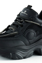 [5038] Siyah Yüksek Taban Spor Fileli Taşlı Bağcıklı Platform Sneaker