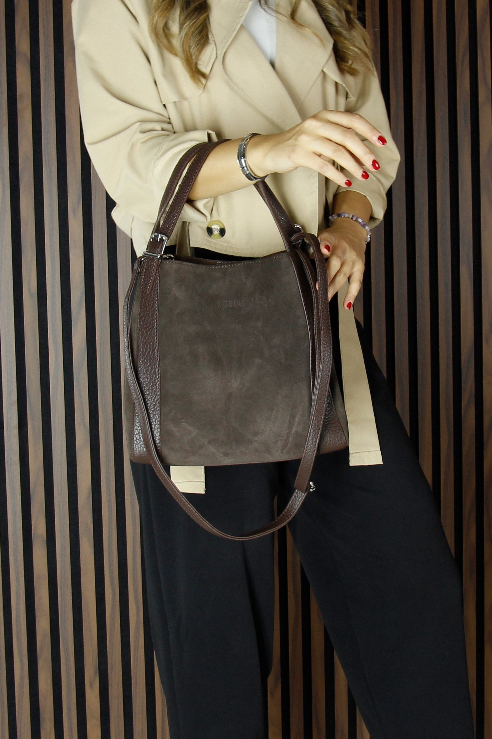 (VSN5012OC) Kahve Hakiki Dana Süet Manyetik Kapaklı Büyük Boy Günlük Omuz Çantası ve Askılı El Çantası