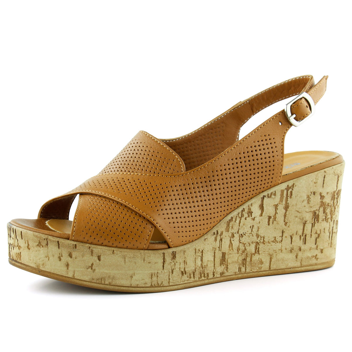 Serie Taba Hakiki Dana Derisi Delik Detaylı Mantar Taban Görünümlü Dolgu Topuklu Slingback Sandalet