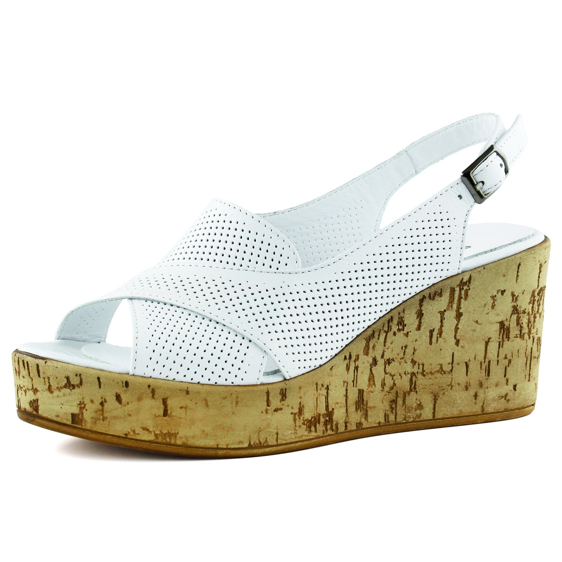 Serie Beyaz Hakiki Dana Derisi Delik Detaylı Mantar Taban Görünümlü Dolgu Topuklu Slingback Sandalet