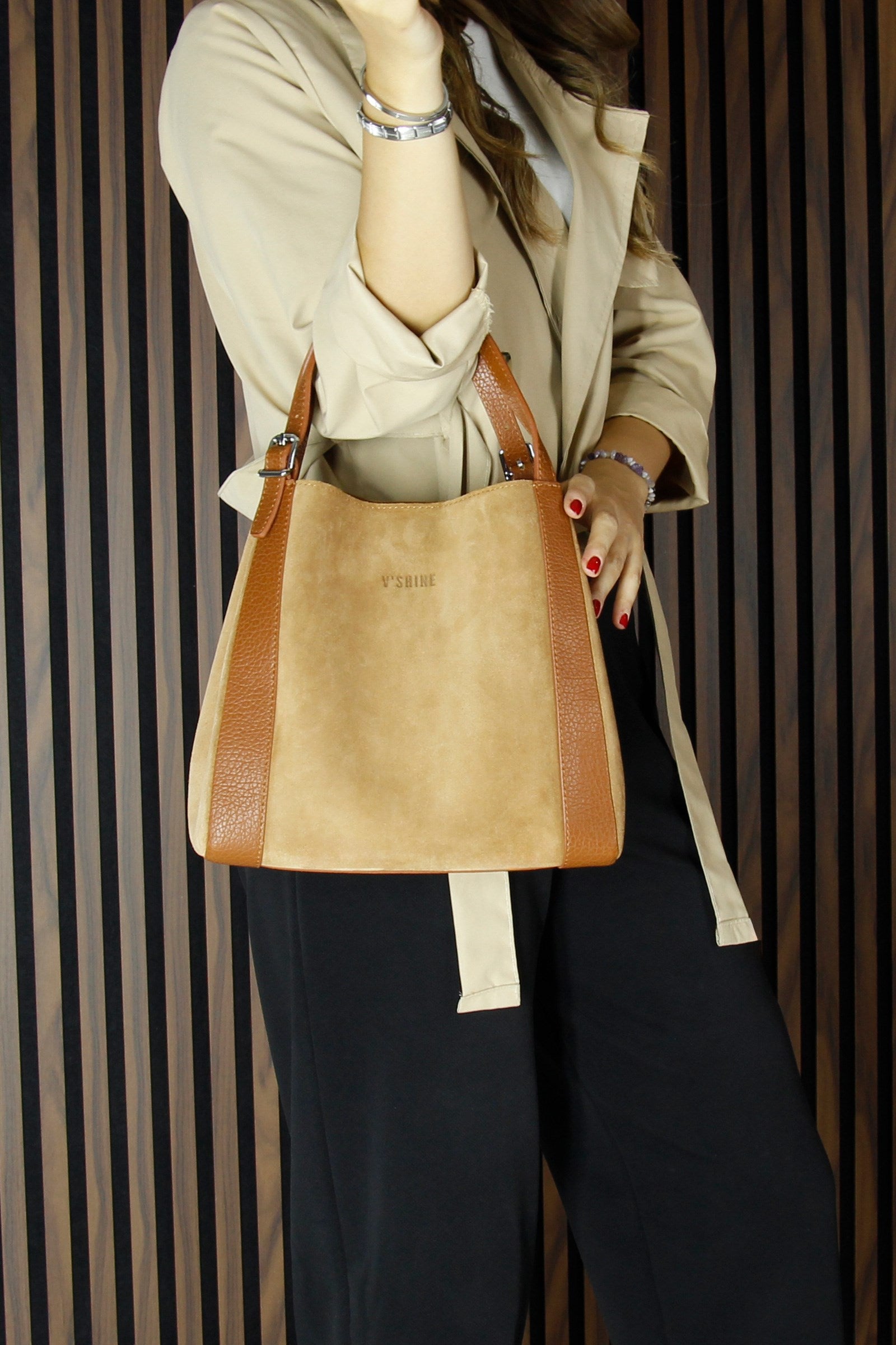 (VSN5012OC) Taba Hakiki Dana Süet Manyetik Kapaklı Büyük Boy Günlük Omuz Çantası ve Askılı El Çantası