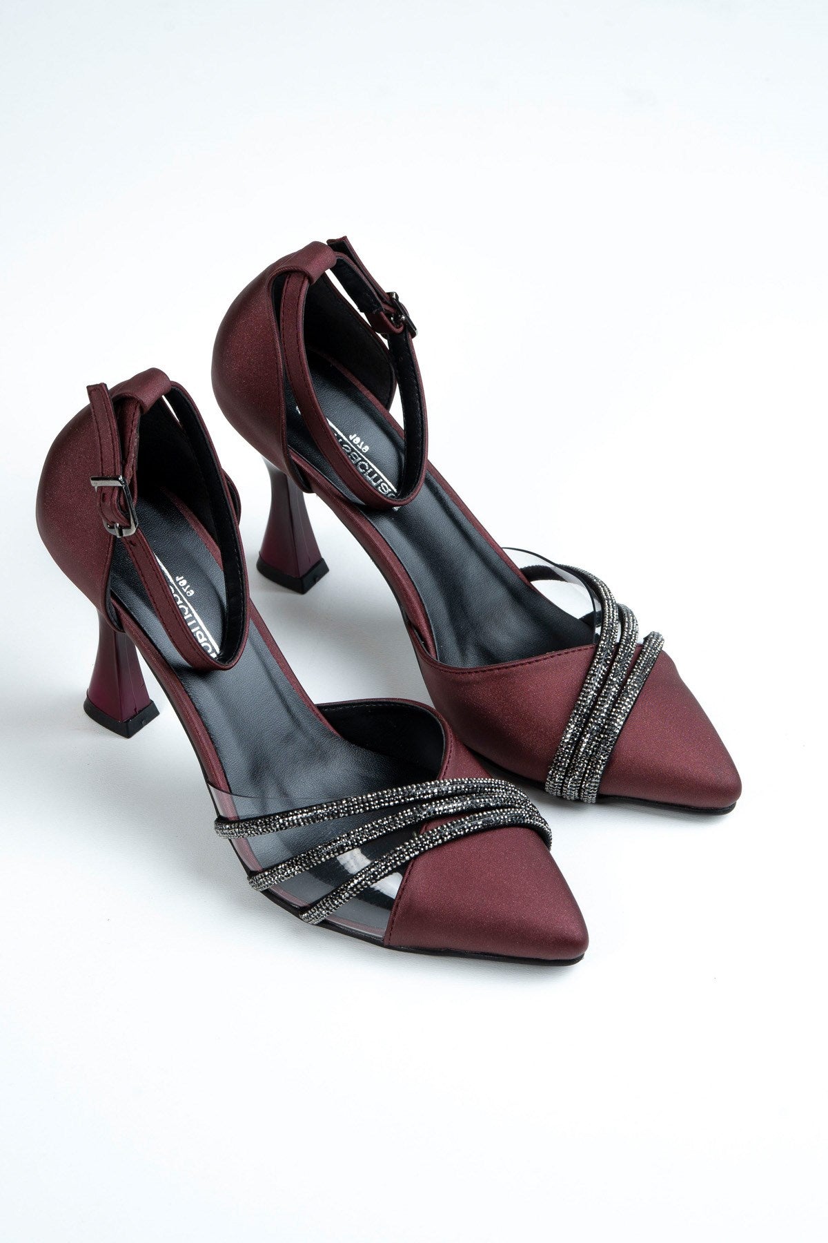 Çağla Bordo Saten Taşlı Şeffaf Tasarımlı Ayakkabı