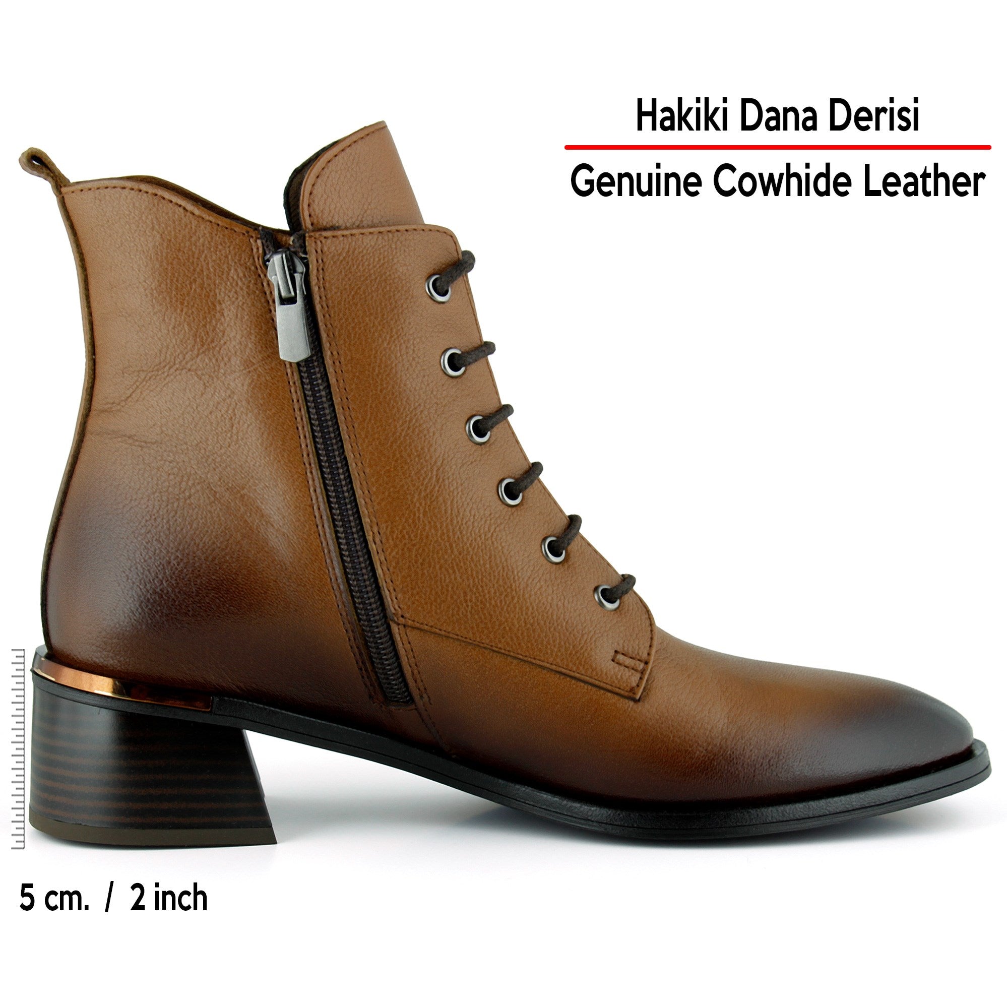 [MAX 505] Taba Hakiki Dana Derisi Bağcıklı Fermuarlı Yuvarlak Burun Kalın Topuklu Günlük Bot