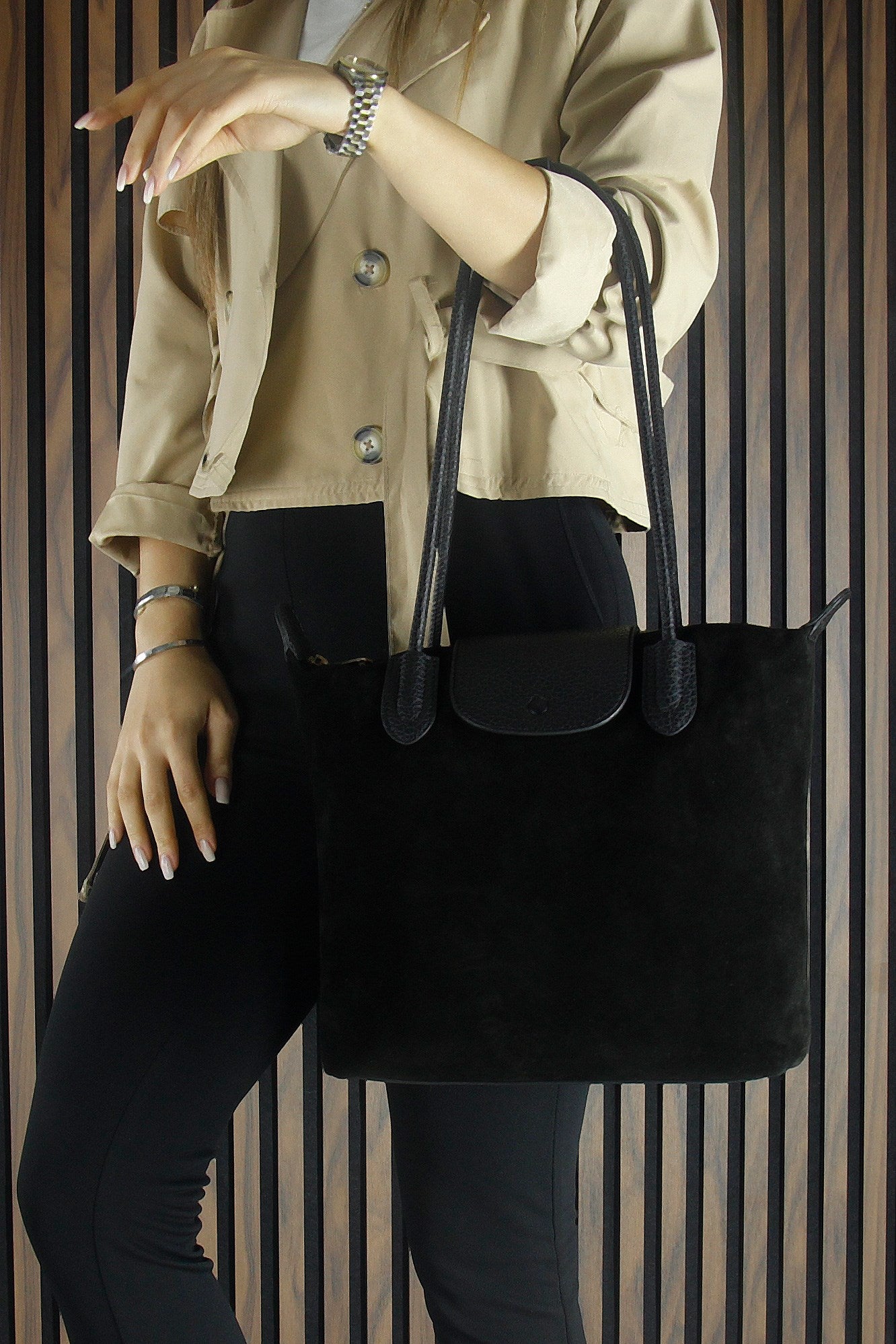 (VSN5017OC) Siyah Hakiki Dana Süet Fermuarlı Manyetik Kapaklı Büyük Boy Günlük Omuz Çantası