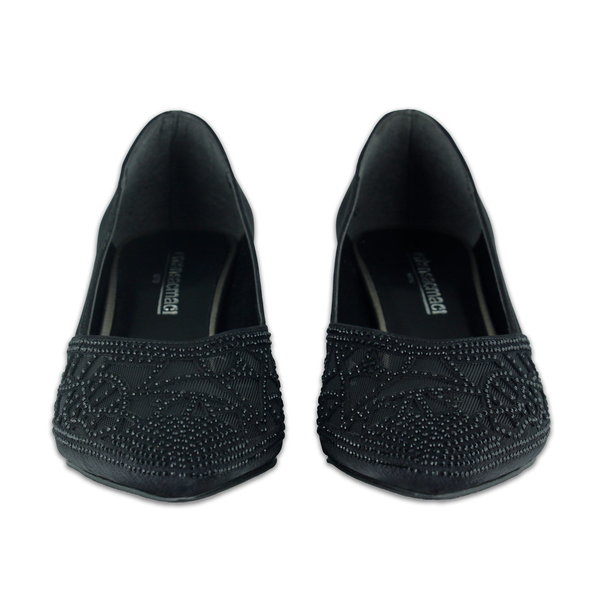 Patricia Siyah Saten Taşlı Fileli Sivri Burun Kalın Topuklu Abiye Ayakkabı