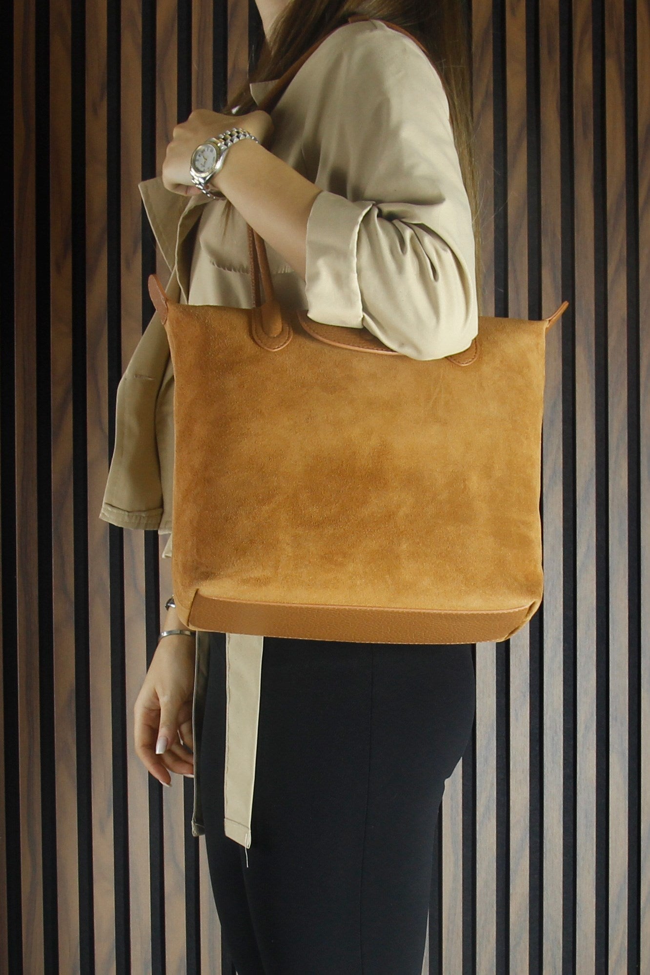 (VSN5017OC) Taba Hakiki Dana Süet Fermuarlı Manyetik Kapaklı Büyük Boy Günlük Omuz Çantası