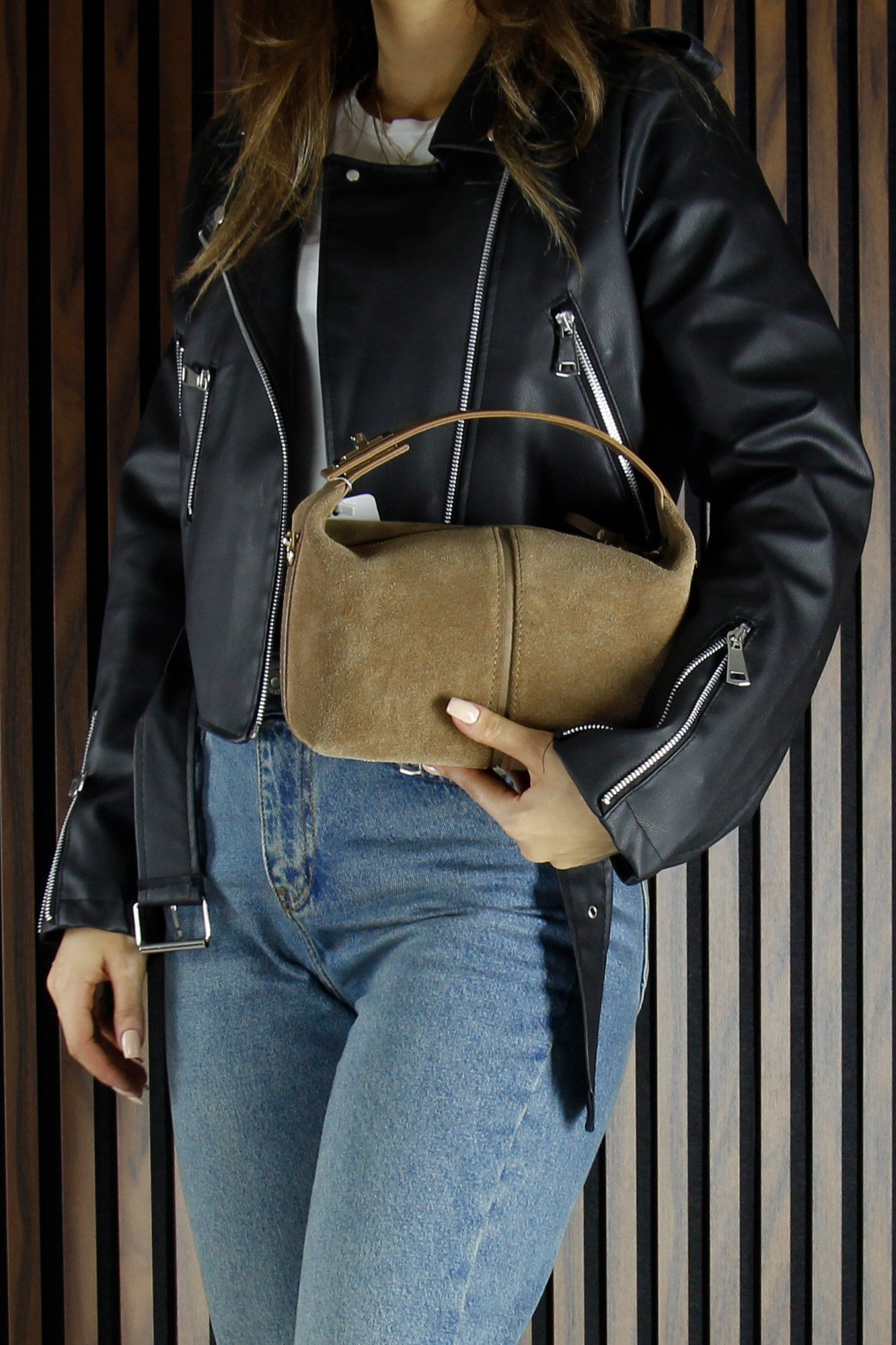 (VSN5009OC) Vizon Hakiki Dana Süet Fermuarlı Askılı İç Cepli Orta Boy Günlük Omuz Çantası