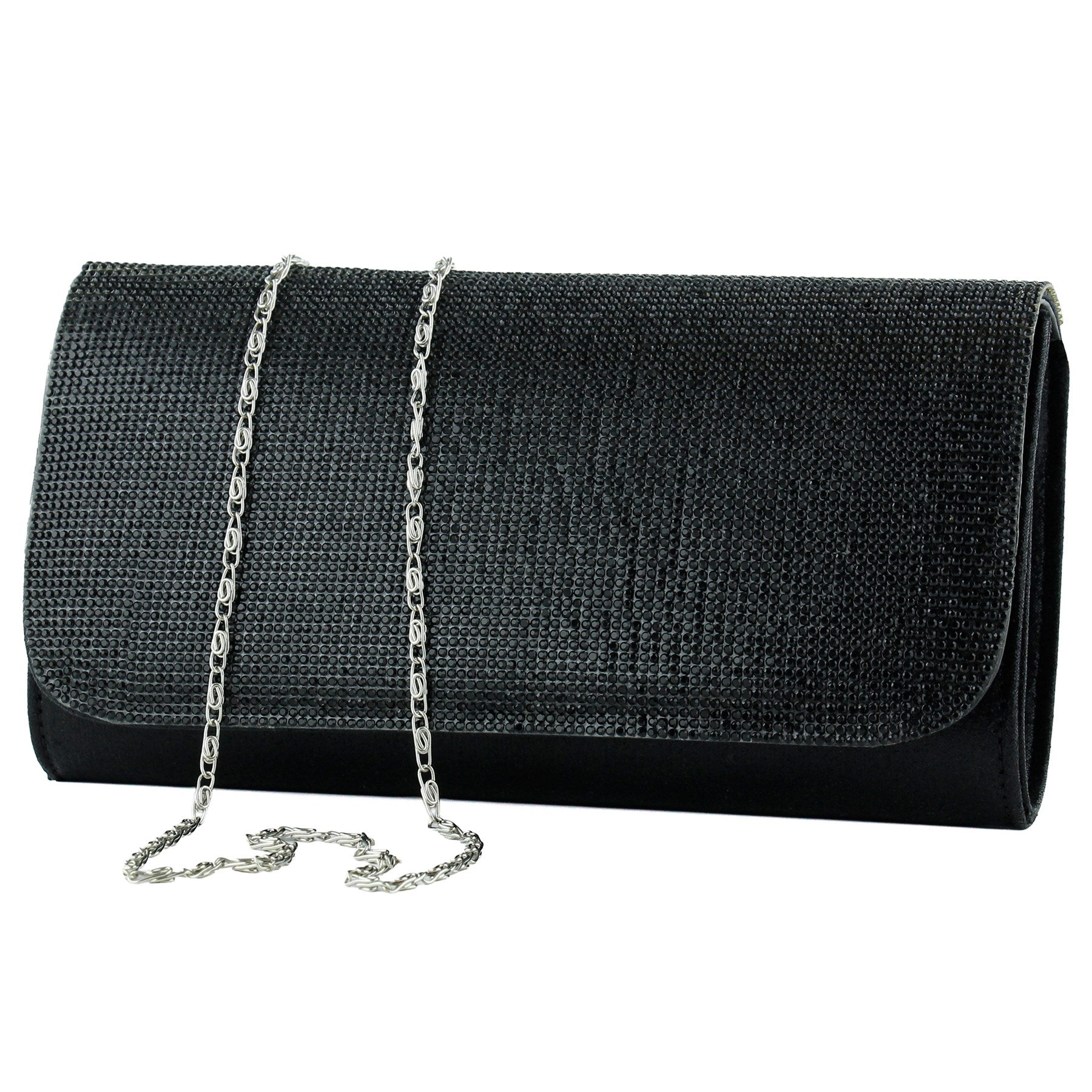 (ES0020AC) Siyah Kristal Taşlı Zincir Askılı Manyetik Kapaklı Abiye El Çantası