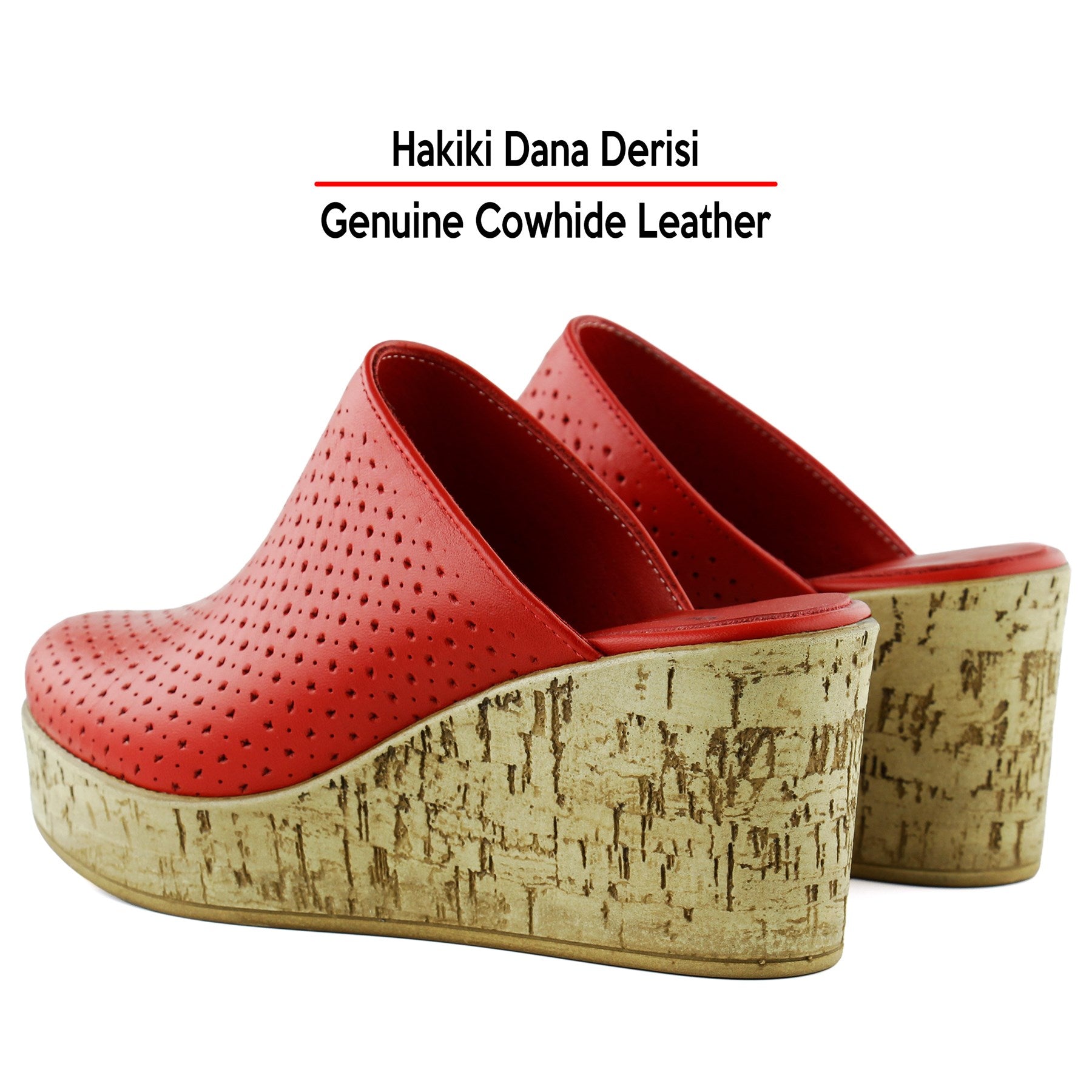 Aria Kırmızı Hakiki Dana Derisi Önü Kapalı Mantar Taban Görünümlü Dolgu Topuklu Terlik