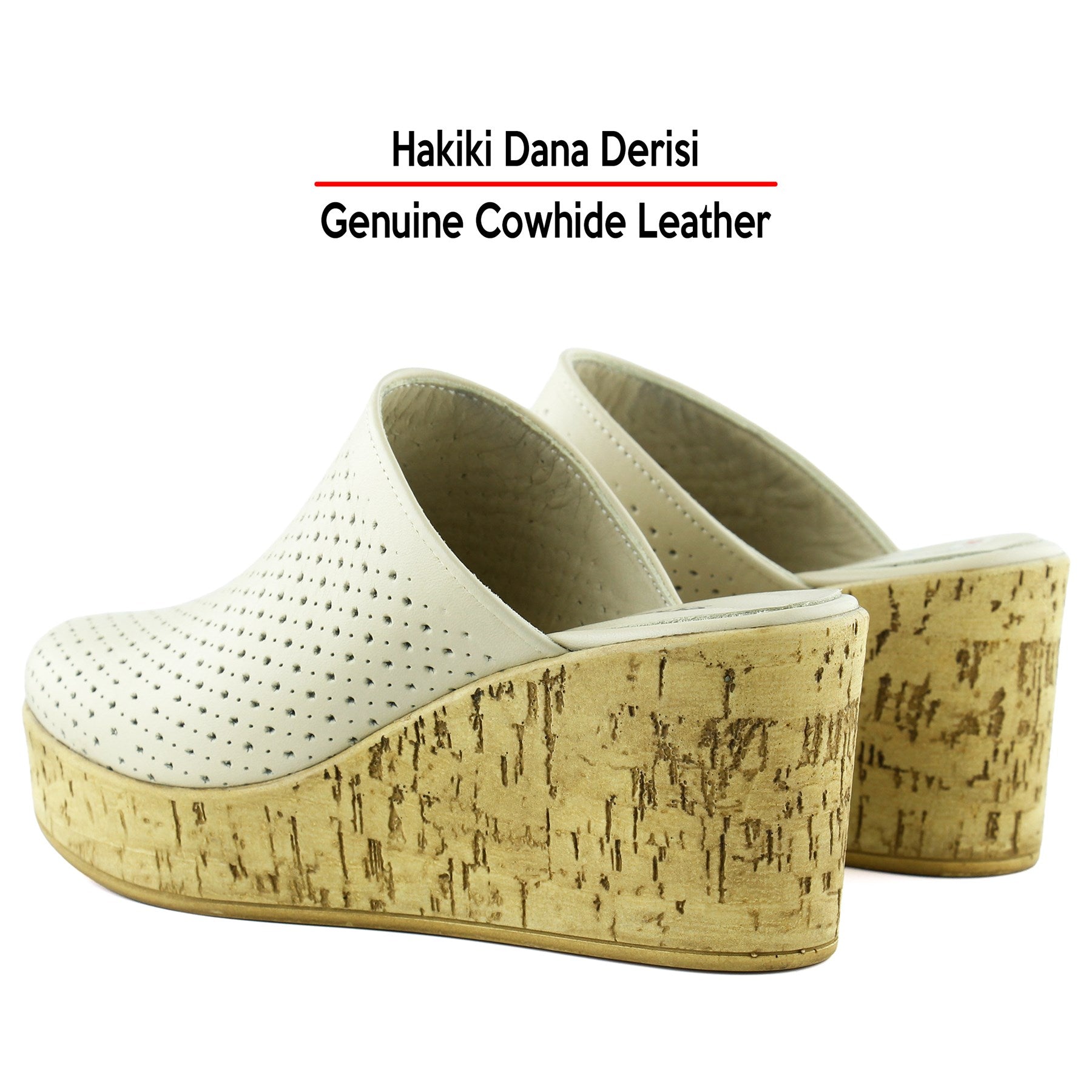 Aria Bej Hakiki Dana Derisi Önü Kapalı Mantar Taban Görünümlü Dolgu Topuklu Terlik