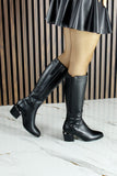 [MAX 181] Siyah Hakiki Dana Derisi Streç Tokalı Fermuarlı Sivri Burun Kalın Topuklu Çizme