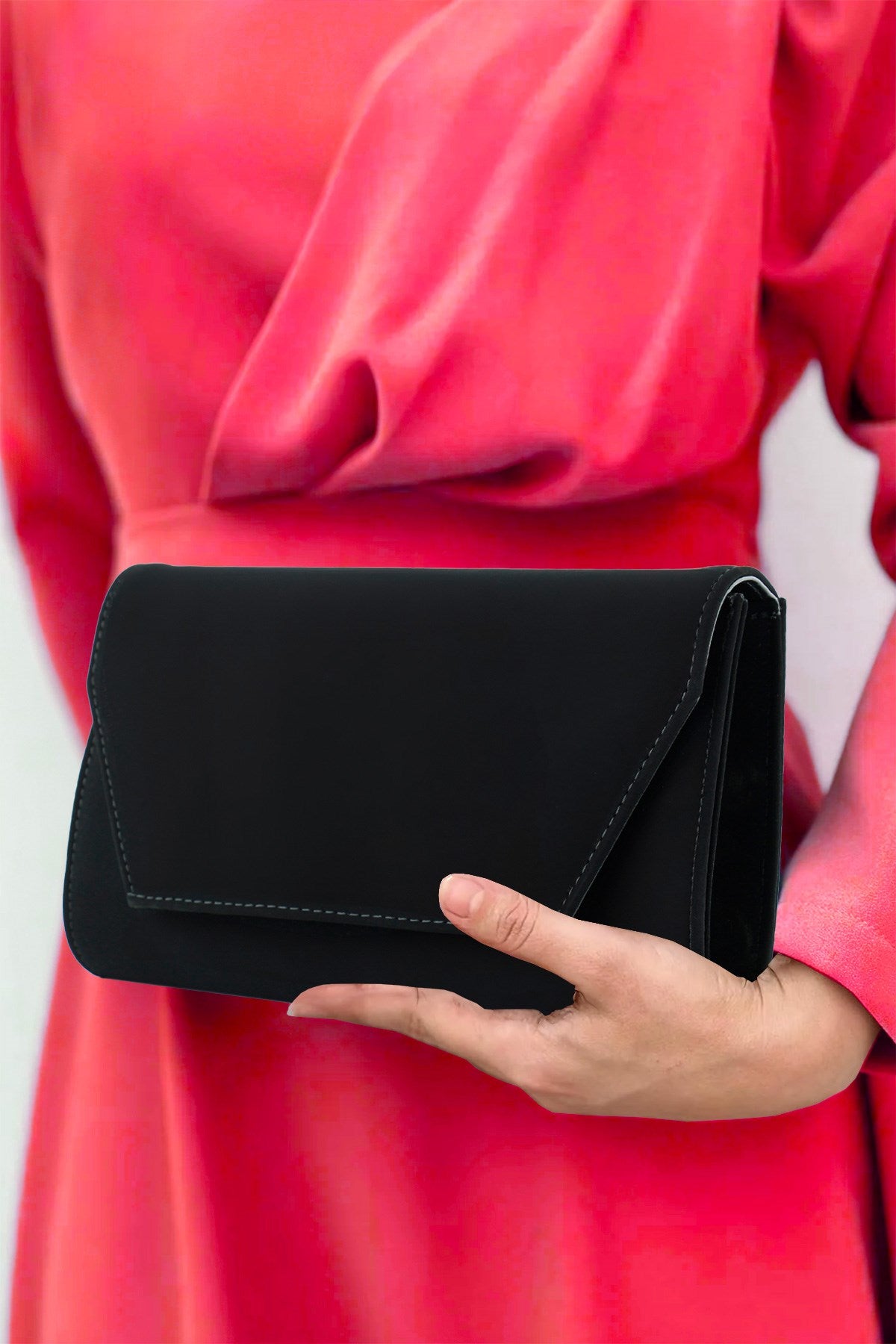 (ES0018AC) Siyah Süet Zincir Askılı Manyetik Kapaklı İç Cepli Zarif Abiye El Çantası