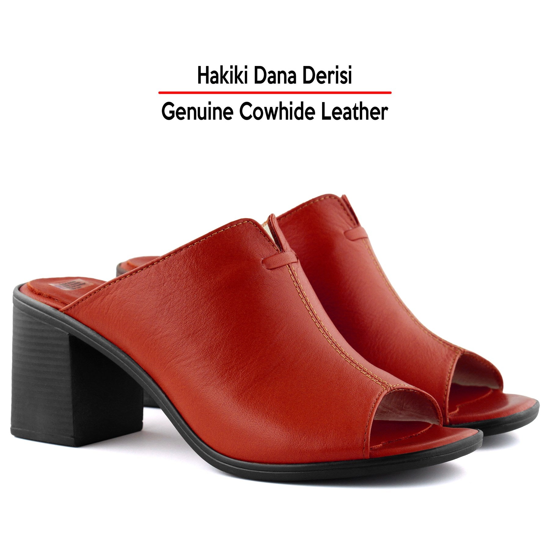 Valery Kırmızı Siyah Hakiki Dana Derisi Önü Açık Kalın Topuklu Terlik