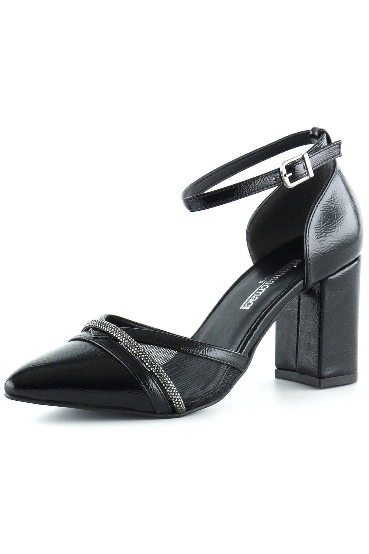 Molly Siyah Rugan Taşlı Fileli Kalın Topuklu Ayakkabı