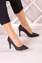 Gowa Plus Siyah Saten Sivri Burun İnce Topuklu Abiye Stiletto Ayakkabı
