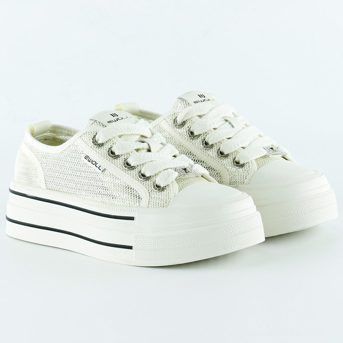 [5025] Beyaz Yüksek Taban Spor Fileli Taşlı Bağcıklı Platform Sneaker