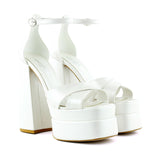 Celine İnci Beyaz Önü Açık Çapraz Bantlı Çift Platformlu Kalın Topuklu Abiye Gelin Ayakkabısı