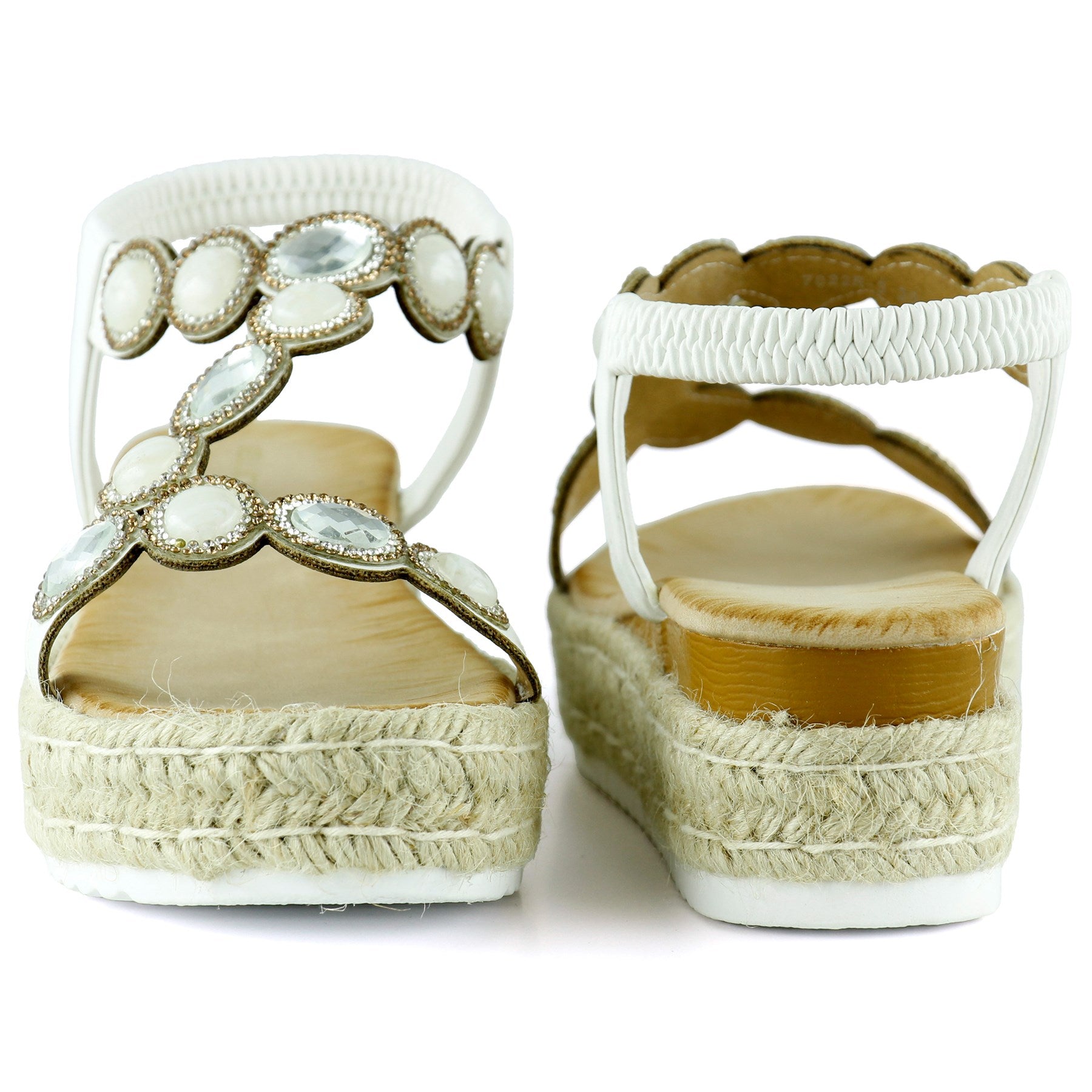 [7022] Beyaz Kristal Taşlı Elastik Bantlı Zikzak Örgü Jüt Platform Topuklu Sandalet