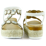 [7022] Beyaz Kristal Taşlı Elastik Bantlı Zikzak Örgü Jüt Platform Topuklu Sandalet