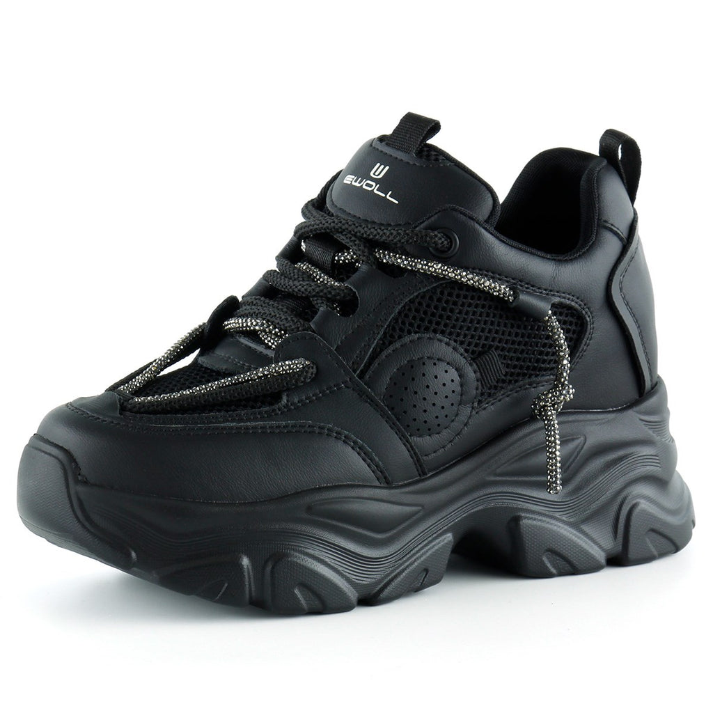 [5038] Siyah Yüksek Taban Spor Fileli Taşlı Bağcıklı Platform Sneaker