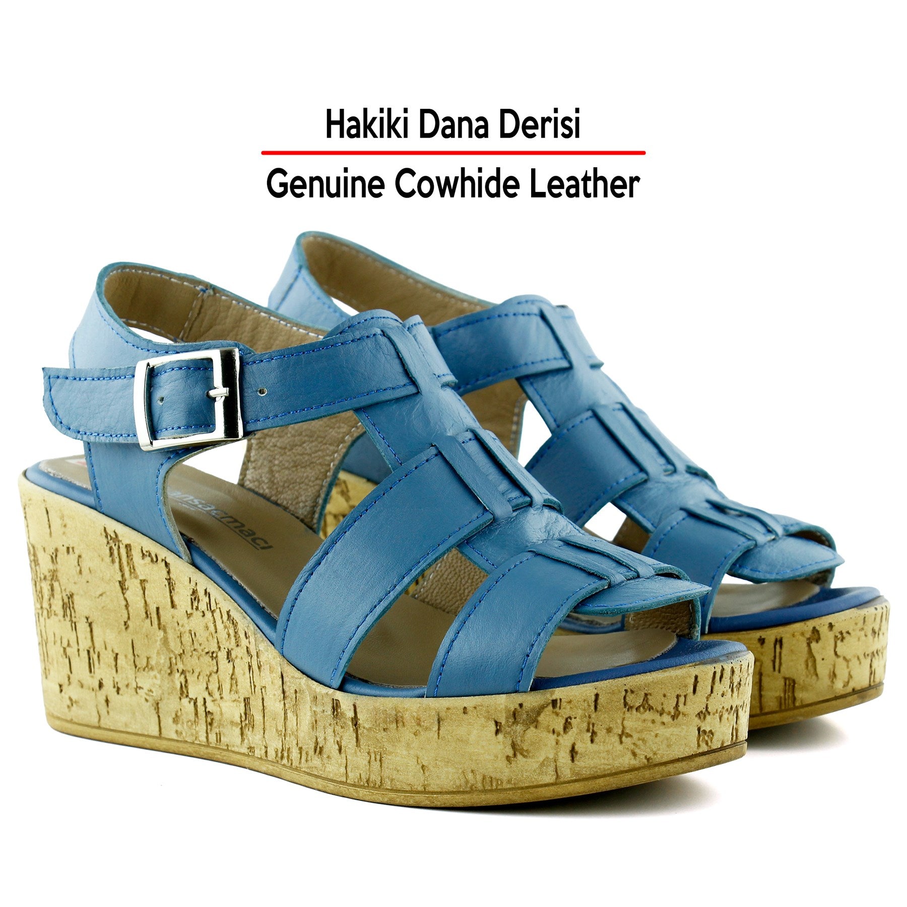 Xena Mavi Hakiki Dana Derisi Mantar Taban Görünümlü Dolgu Topuklu Gladyatör Sandalet