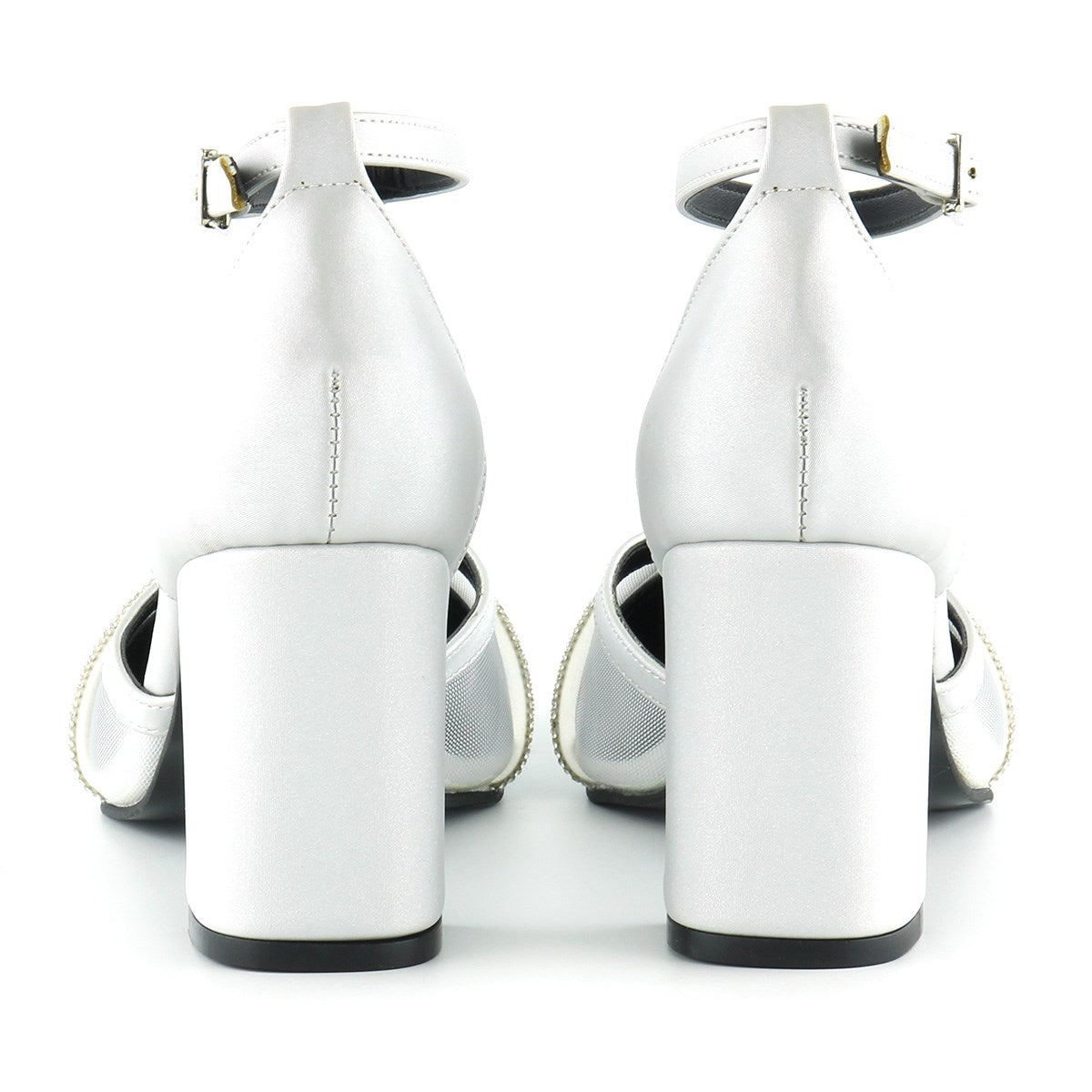 Molly Gümüş Saten Taşlı Fileli Kalın Topuklu Ayakkabı