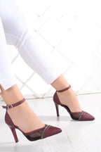 Kaylee Bordo Saten Fileli Taşlı Stiletto