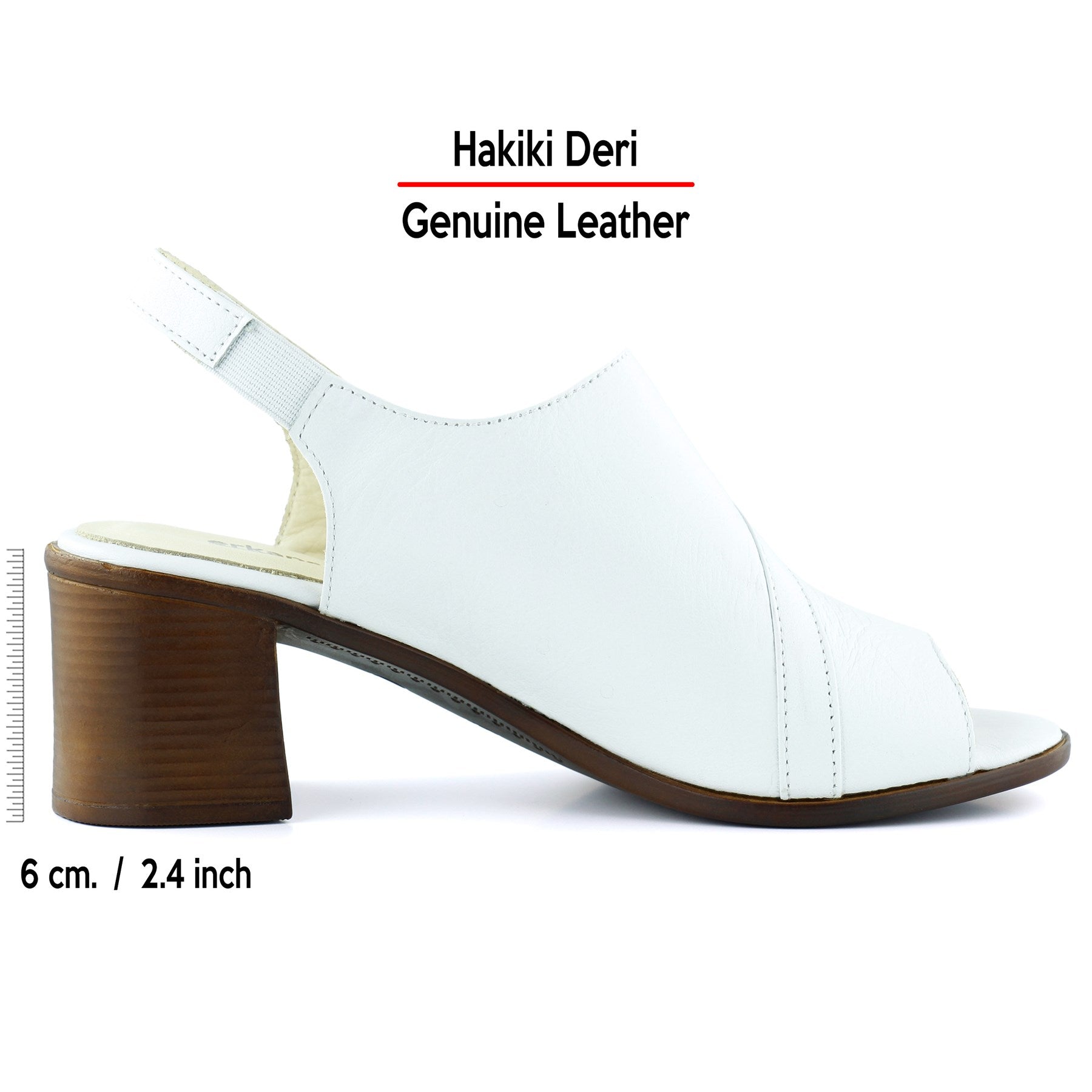 Saules Beyaz Hakiki Deri Kesik Detaylı Lastik Bantlı Topuklu Sandalet