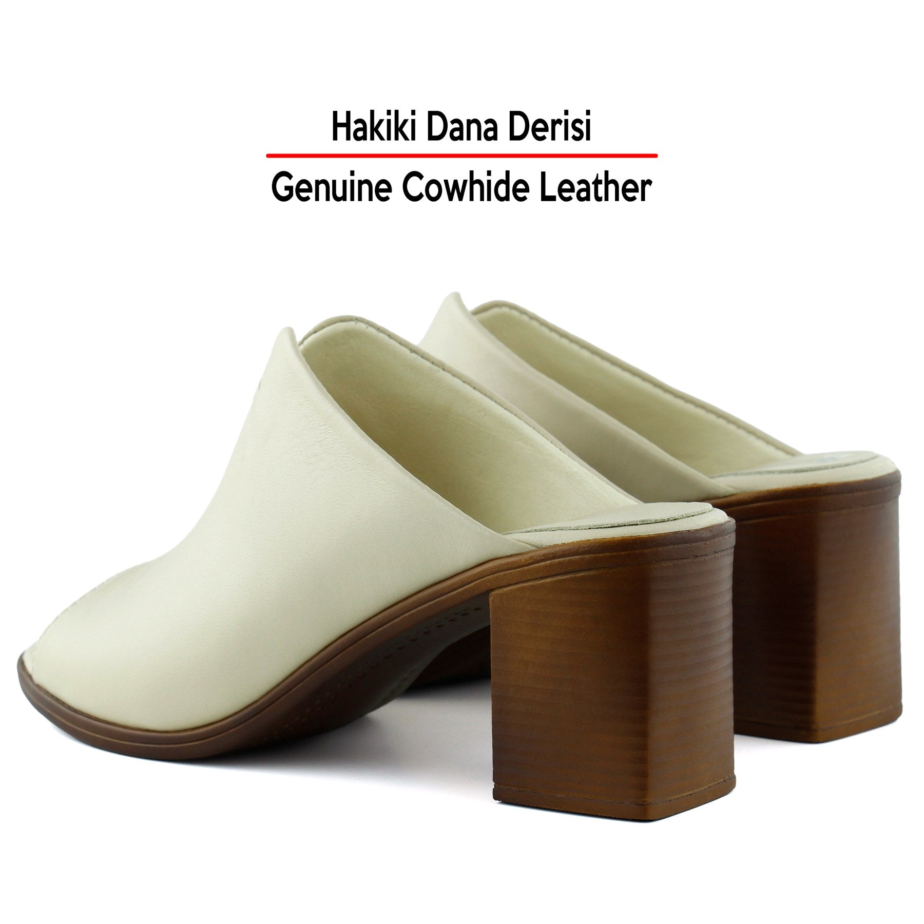 Valery Bej Hakiki Dana Derisi Önü Açık Kalın Topuklu Terlik