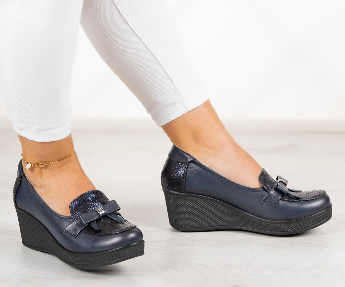 Emma Lacivert Hakiki Deri Dolgu Topuklu Günlük Ayakkabı