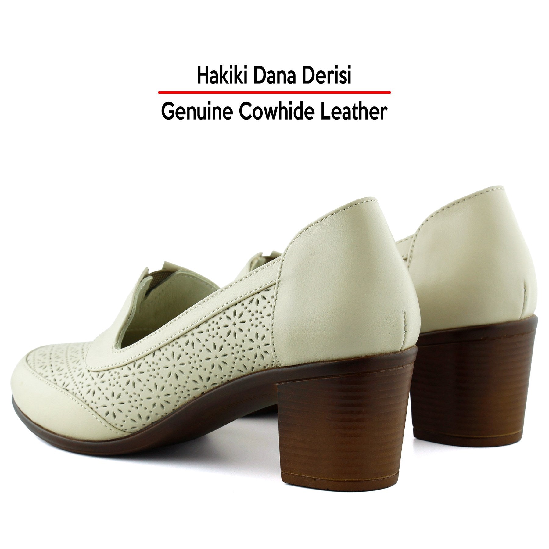 Madre Bej Hakiki Dana Derisi Vintage Desenli Kalın Topuklu Günlük Klasik Ayakkabı