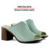 Valery Yeşil Hakiki Dana Derisi Önü Açık Kalın Topuklu Terlik