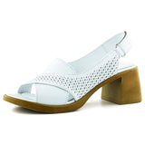 Seras Beyaz Hakiki Dana Derisi Çapraz Bantlı Delik Detaylı Cırt Bantlı Kalın Topuklu Günlük Sandalet