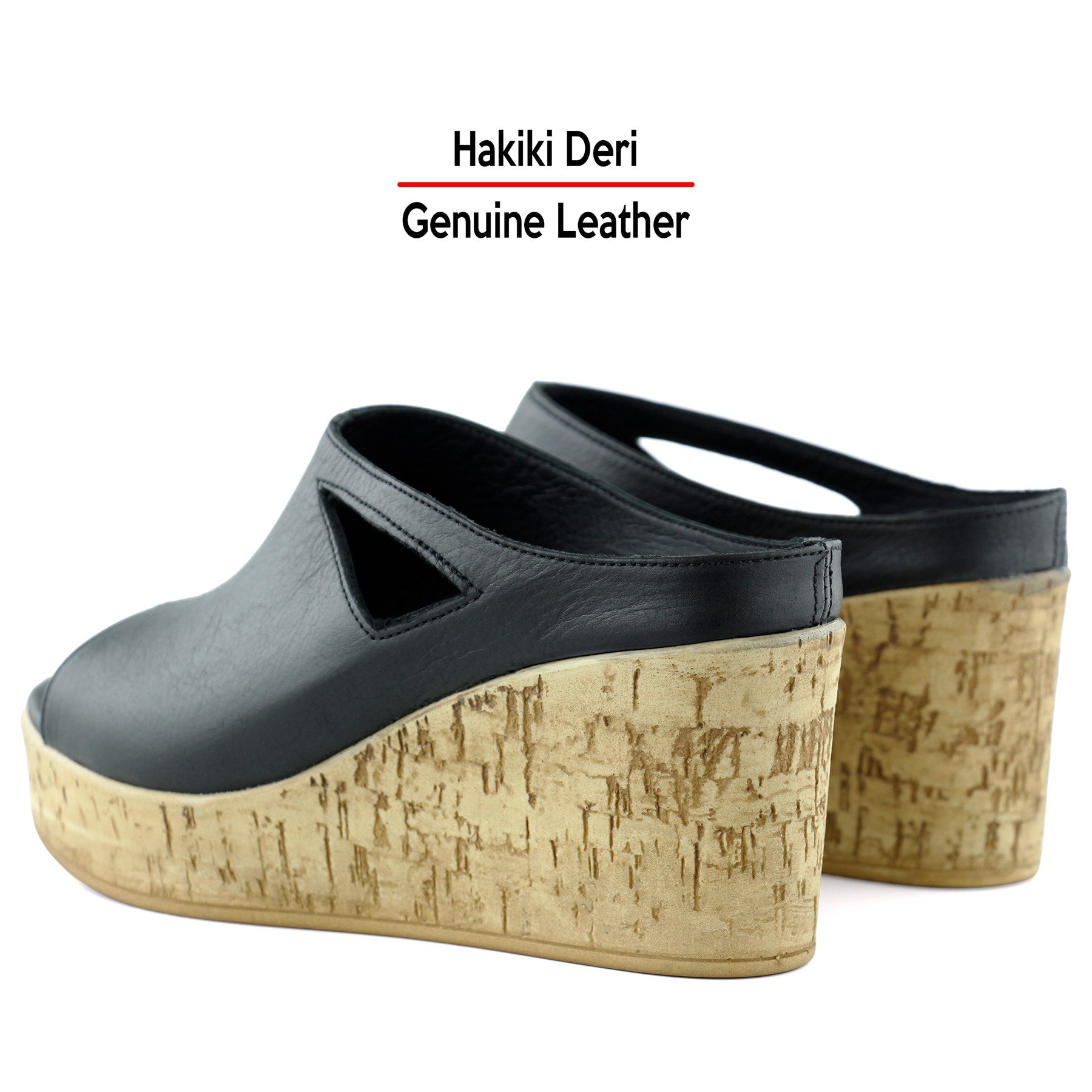 Drusilla Siyah Hakiki Deri Önü Açık Kesik Detaylı Mantar Taban Görünümlü Dolgu Topuklu Terlik