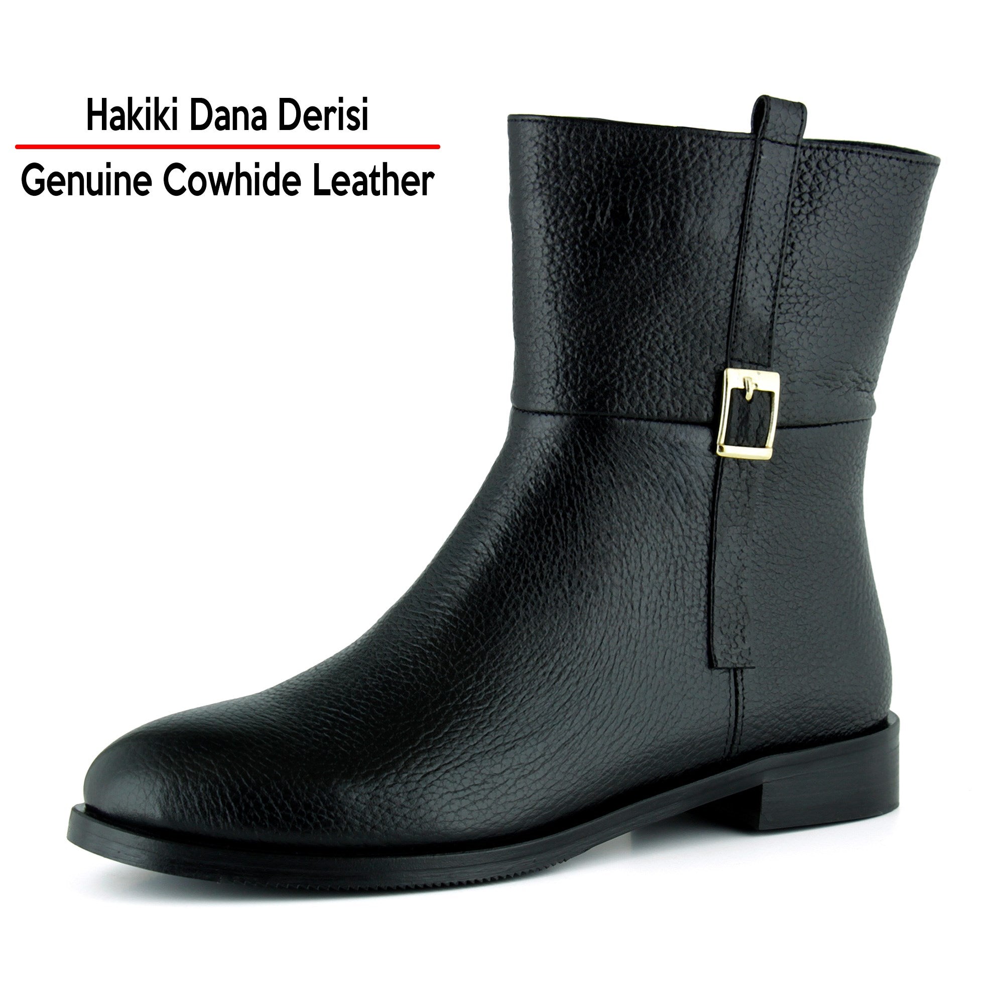 [MAX 423] Siyah Hakiki Dana Derisi Tokalı Fermuarlı Yuvarlak Burun Kalın Topuklu Günlük Bot