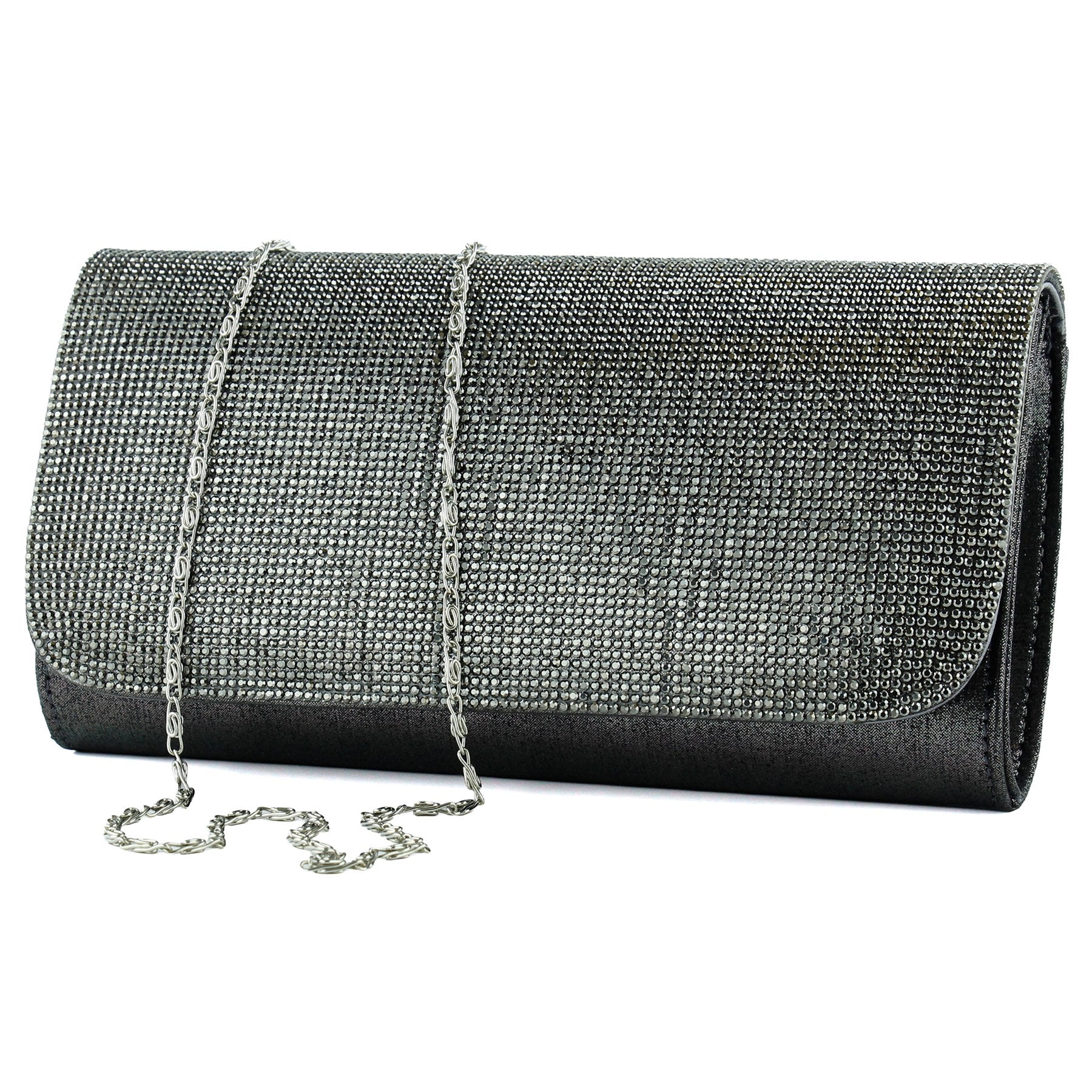 (ES0020AC) Antrasit Kristal Taşlı Zincir Askılı Manyetik Kapaklı Abiye El Çantası