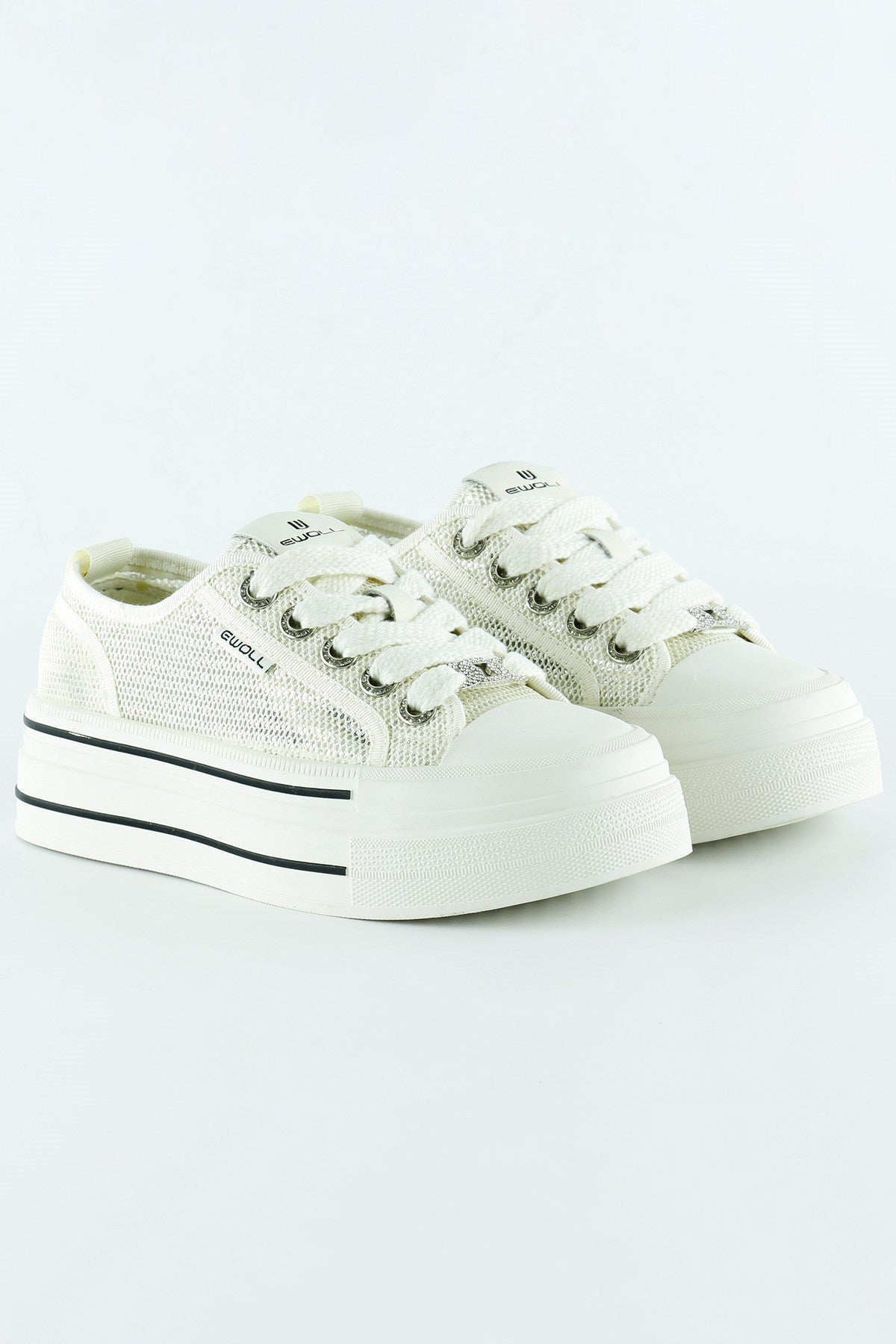 [5025] Beyaz Yüksek Taban Spor Fileli Taşlı Bağcıklı Platform Sneaker