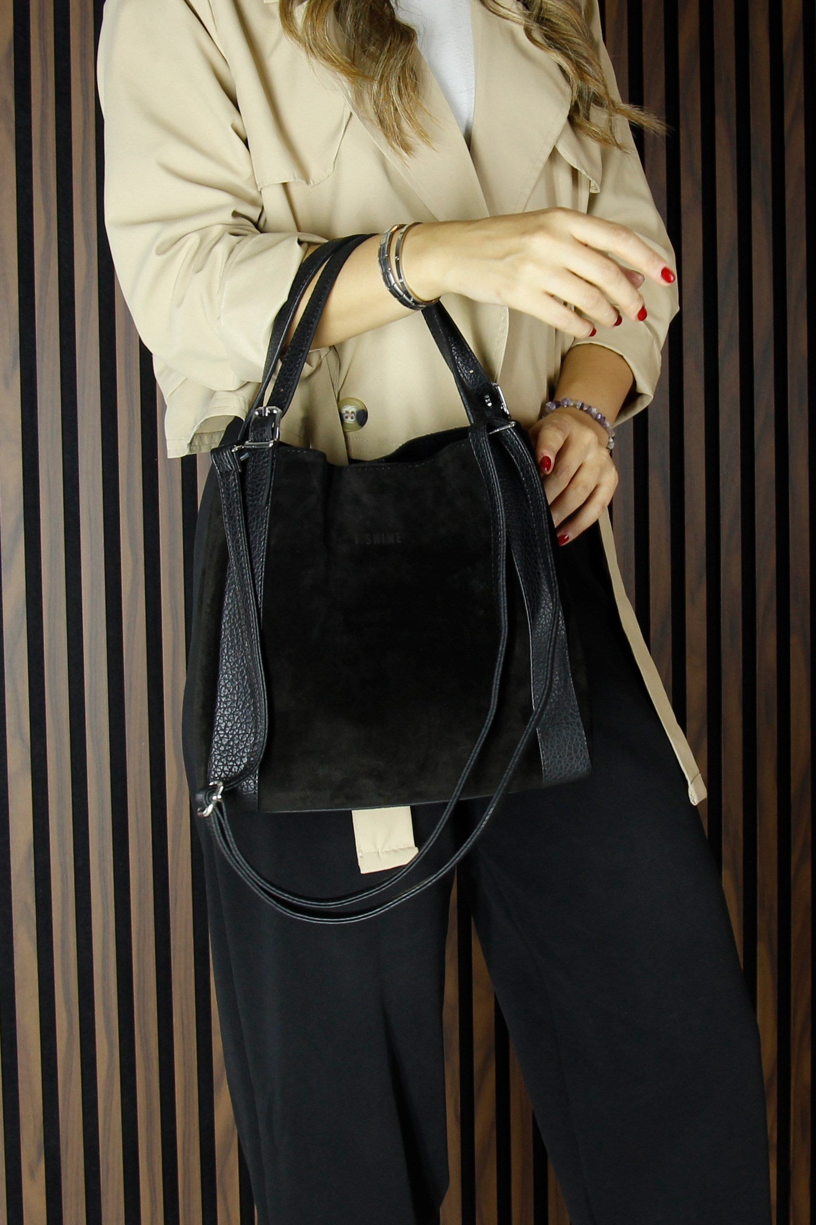 (VSN5012OC) Siyah Hakiki Dana Süet Manyetik Kapaklı Büyük Boy Günlük Omuz Çantası ve Askılı El Çantası