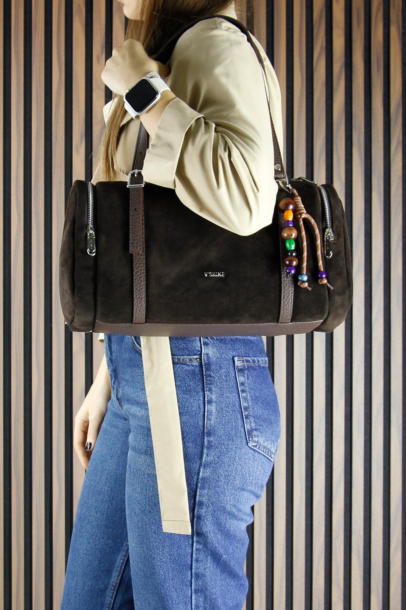 (VSN5020OC) Kahve Hakiki Dana Süet Fermuarlı Üç Bölmeli Boncuk Aksesuarlı Günlük Büyük Boy Omuz Çantası