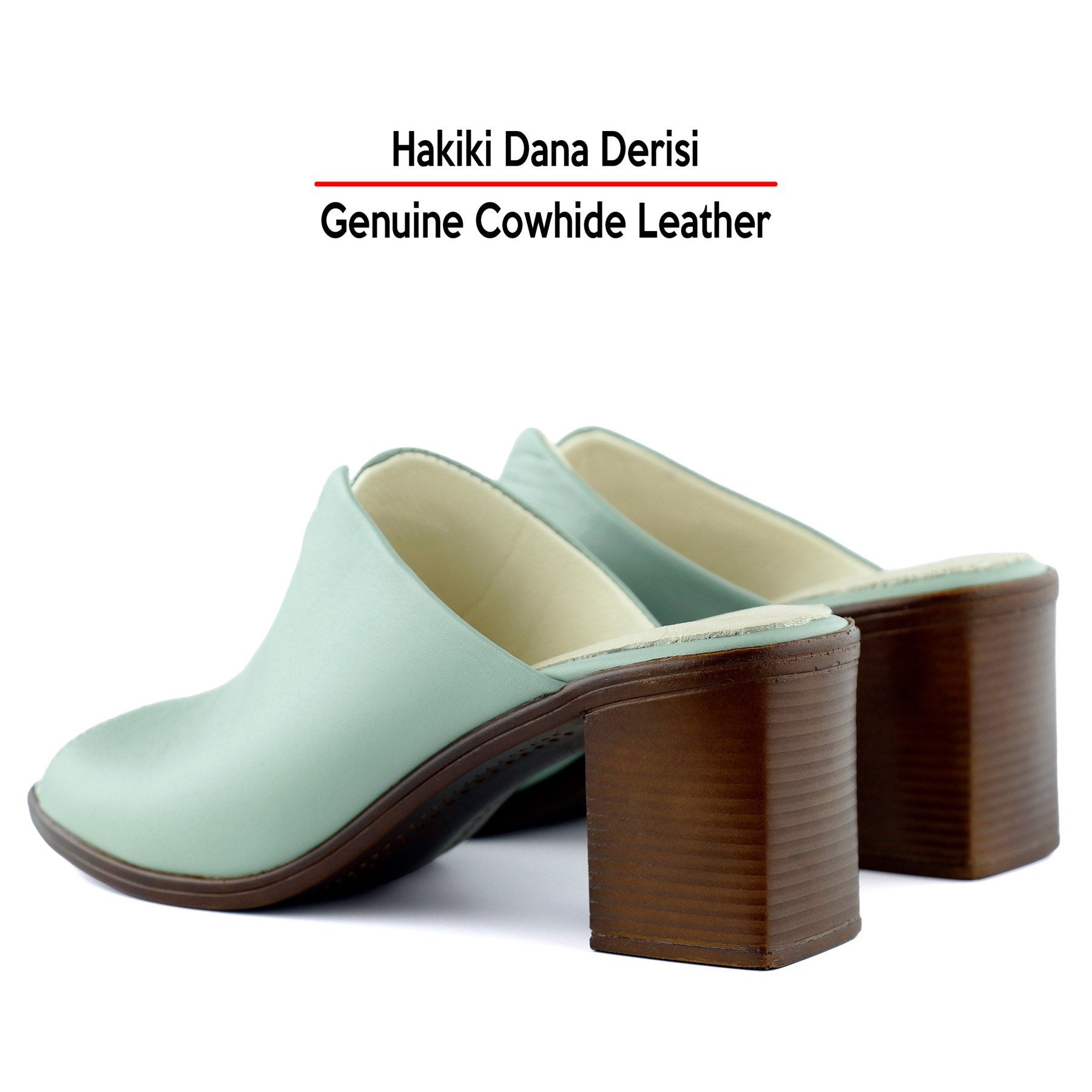 Valery Yeşil Hakiki Dana Derisi Önü Açık Kalın Topuklu Terlik