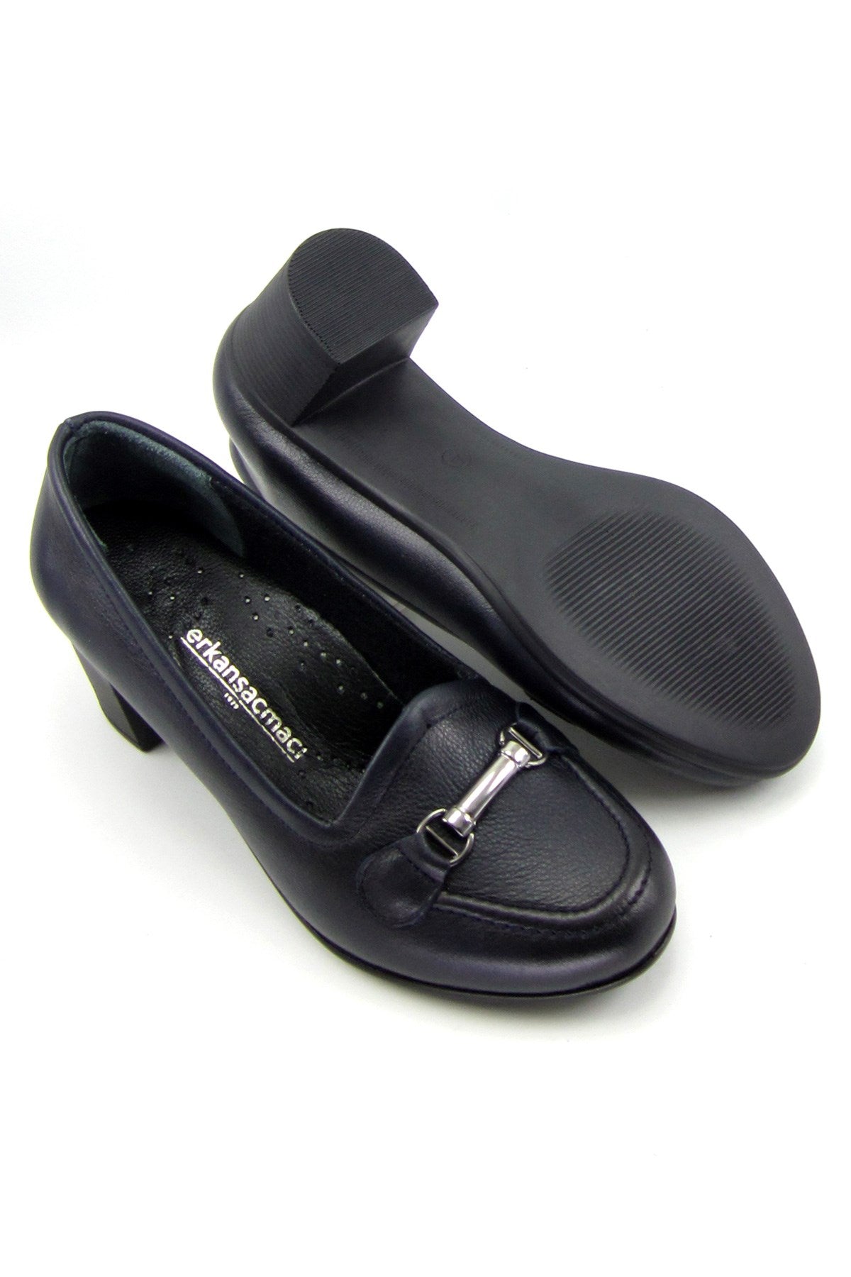 Elize Lacivert Hakiki Dana Derisi Kalın Topuklu Loafer Ayakkabı