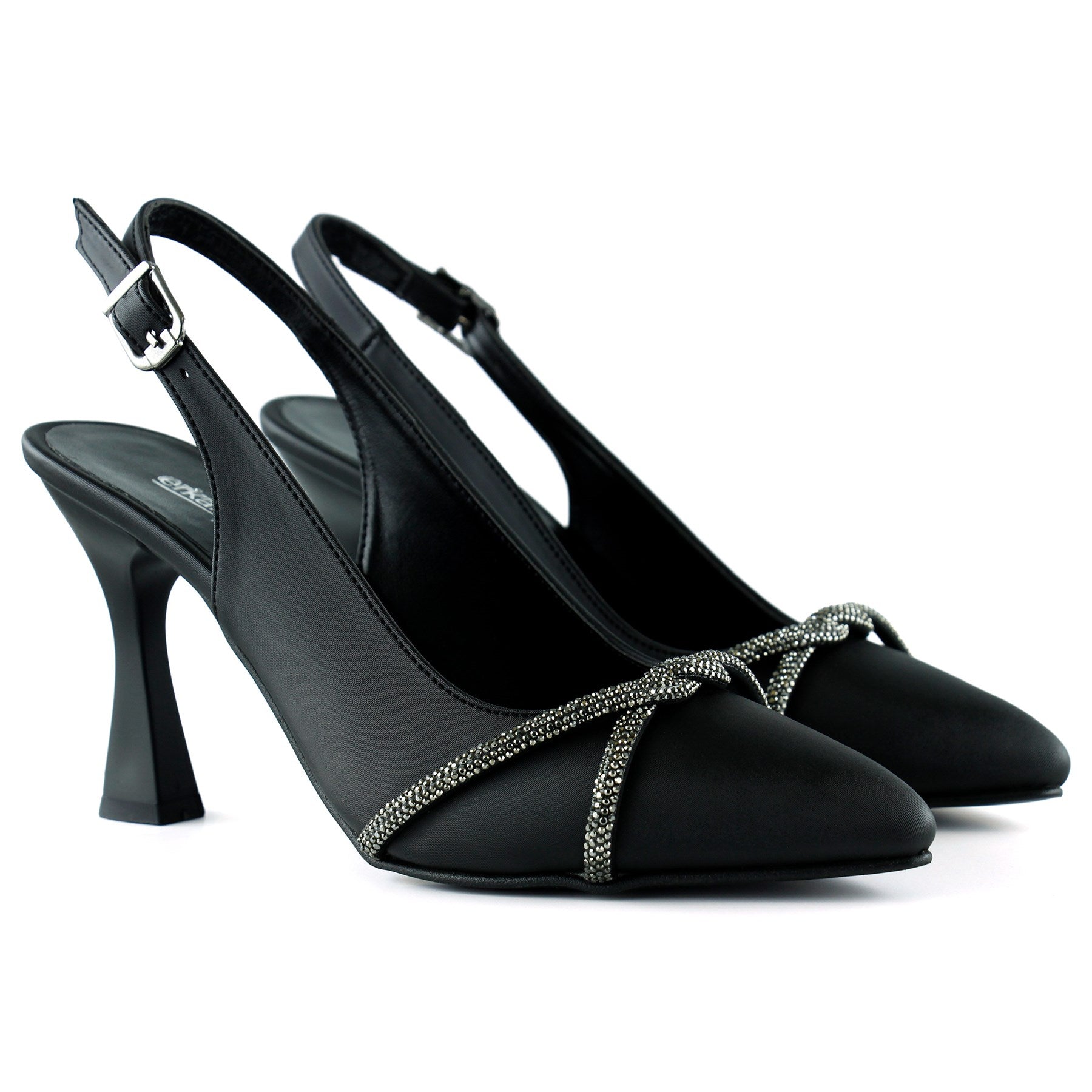 Raphtalia Plus Siyah Saten Burma Taşlı İnce Topuklu Arkası Açık Abiye Ayakkabı