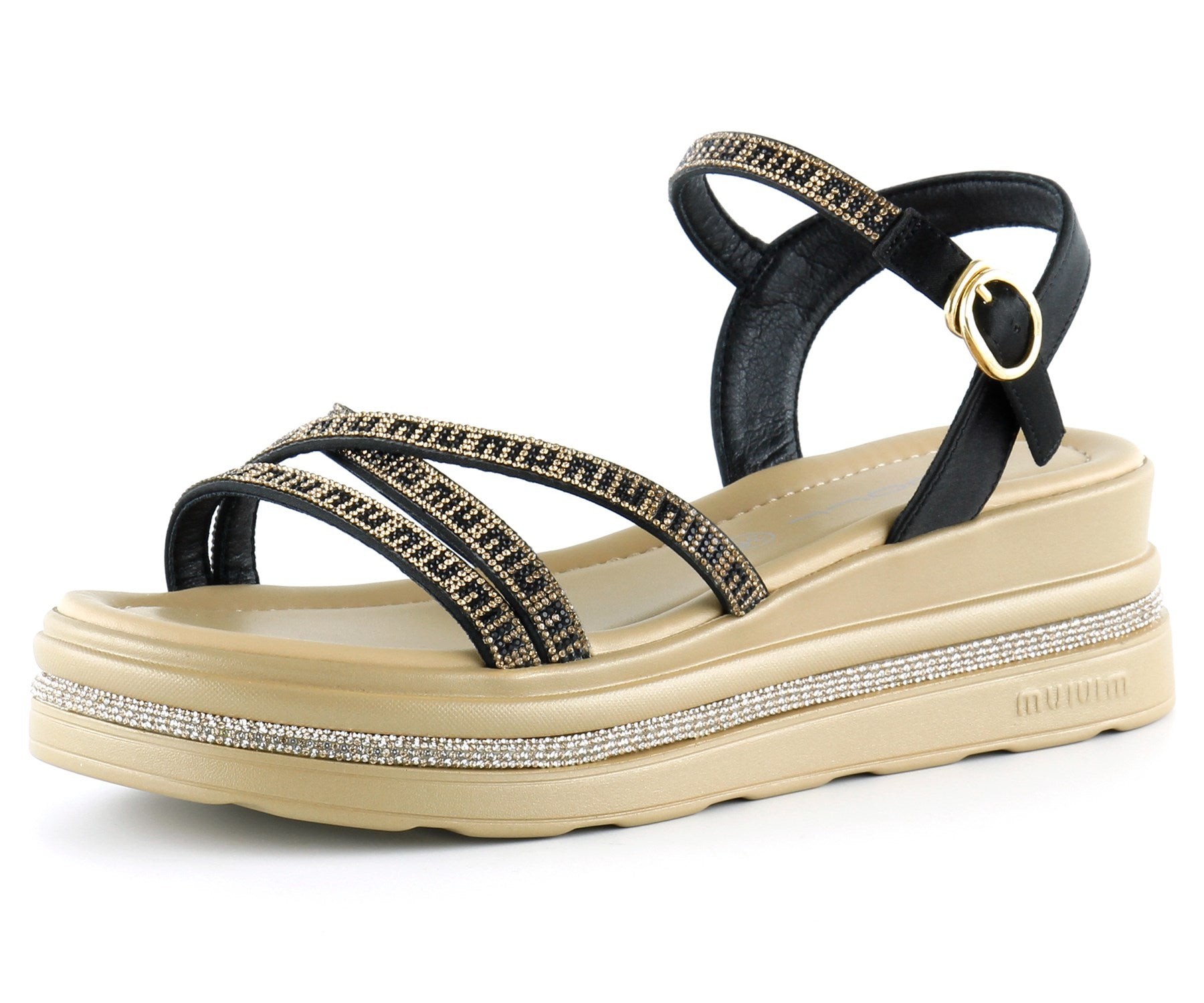 [7026] Siyah Saten Altın Kristal Taşlı Platform Sandalet