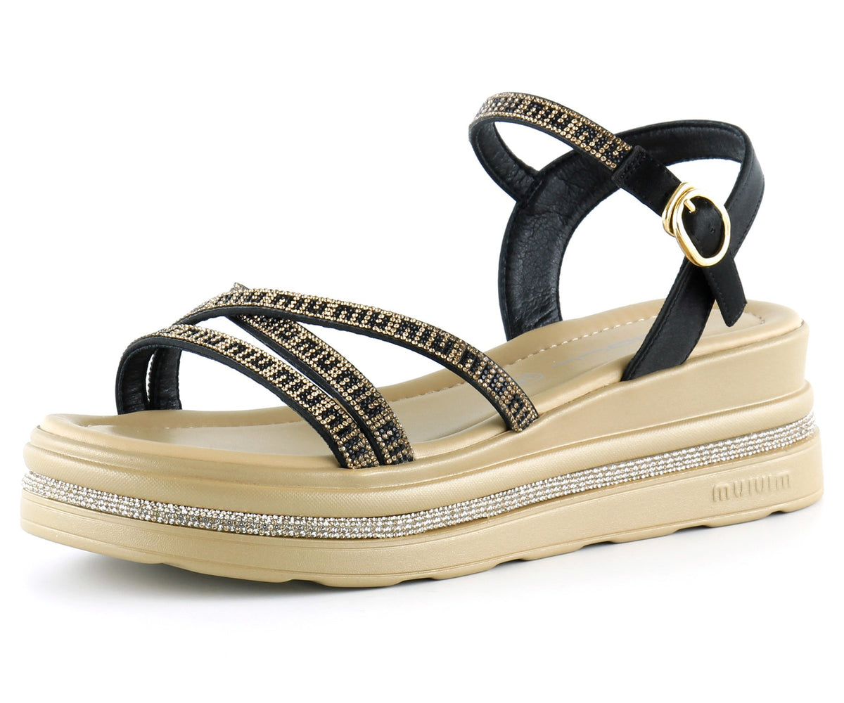 [7026] Siyah Saten Altın Kristal Taşlı Platform Sandalet