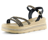 [7026] Siyah Saten Altın Kristal Taşlı Platform Sandalet