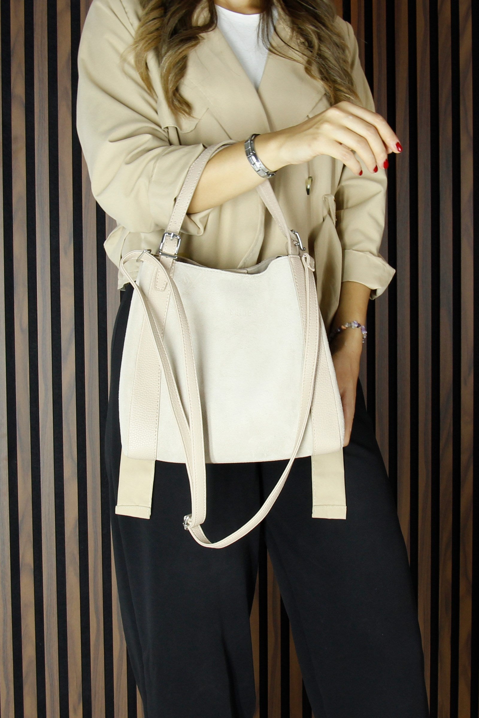 (VSN5012OC) Bej Hakiki Dana Süet Manyetik Kapaklı Büyük Boy Günlük Omuz Çantası ve Askılı El Çantası