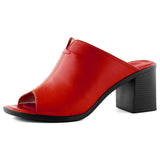 Valery Kırmızı Siyah Hakiki Dana Derisi Önü Açık Kalın Topuklu Terlik