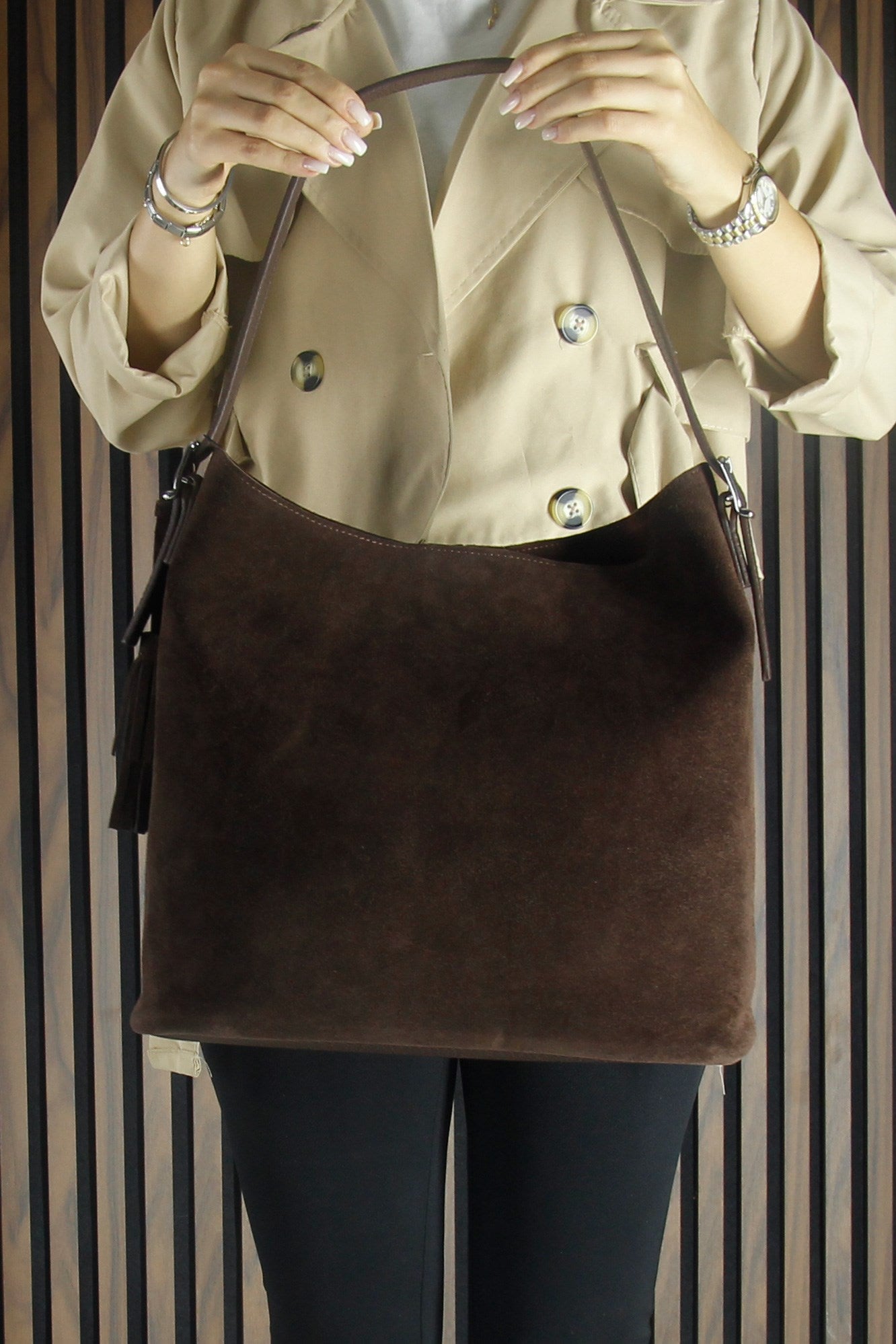 (VSN5016OC) Kahve Hakiki Dana Süet Püsküllü Manyetik Kapaklı Büyük Boy Günlük Omuz Çantası ve El Çantası