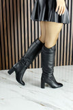 [MAX Y-409] Siyah Hakiki Dana Derisi Büzgülü Fermuarlı Yuvarlak Burun Kalın Topuklu Çizme